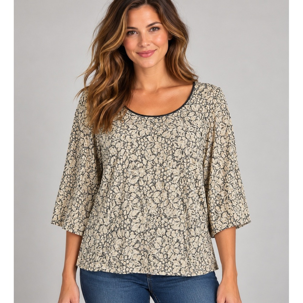 LOFT Lace Blouse Women's XL Cream Black Floral 3/4 Sleeve Sheer Top